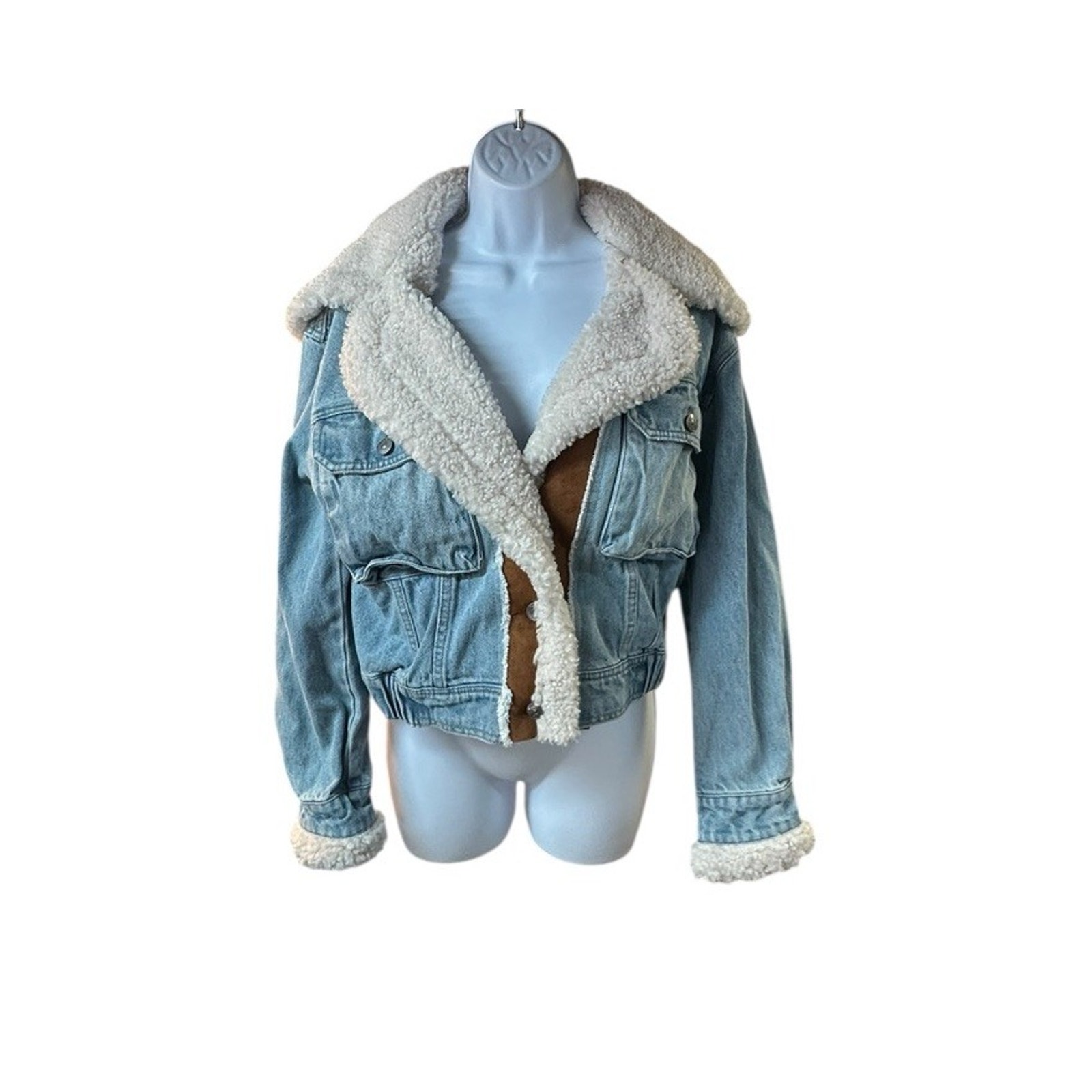 Free People Perry Sherpa Denim Jacket Xs Blue Oversized Hood We The Free Nwt